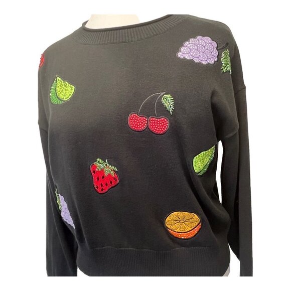 WildFox Fruity Fader Sweater Sequins Black Fruit Print Size SMALL - Picture 4 of 6